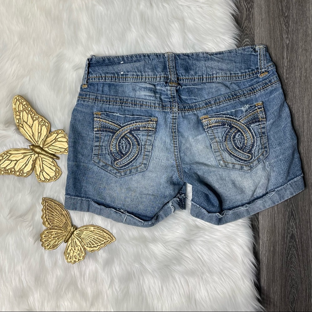 Vintage Y2K WALLFLOWER Denim Shorts Womens 3 Low Rise Distressed Embroidered